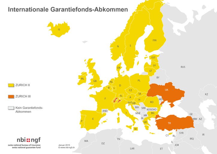 Karte aller Europäischer Staaten, die das ZÜRCHER II und das ZÜRCHER III Garantiefonds-Abkommen abgeschlossen haben.