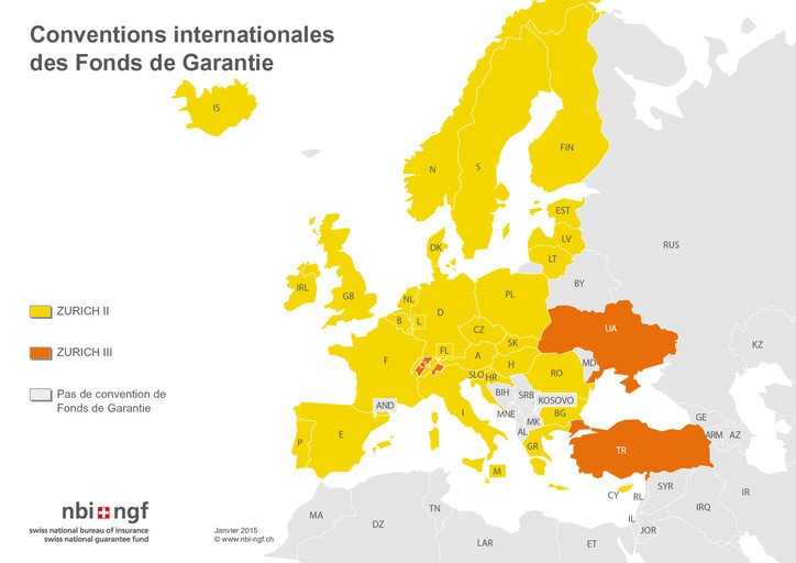 Carte des Etats européens qui ont signé la Convention de Zurich II et III entre fonds de garantie.