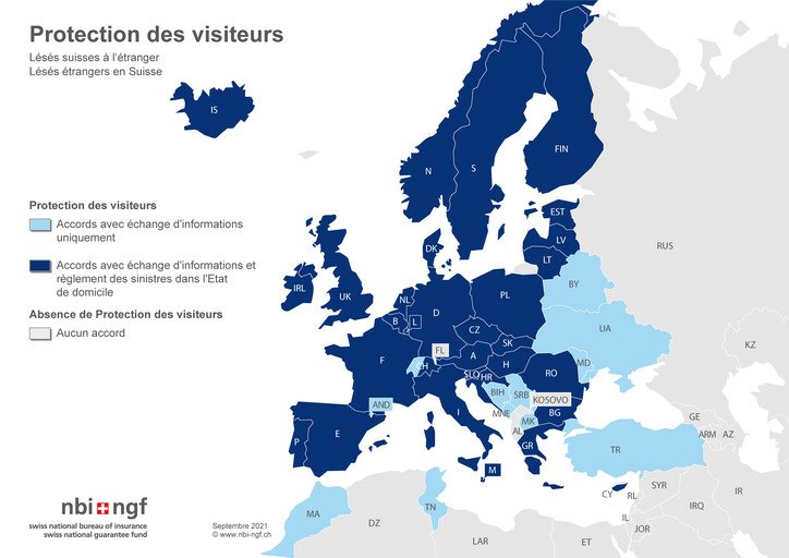 Carte des pays avec protection des visiteurs pour les lésés suisses à l'étranger et pour les lésés étrangers en Suisse